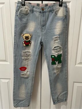 Light Blue Teddybear Distressed Jeans with Patch Details